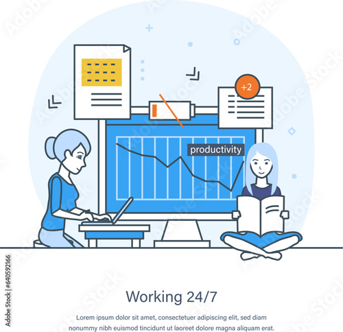 Woking 24/7, daily task routine, effective planning, productivity, work overload. Work efficiency, stress, professional and emotional burnout syndrome, tiredness thin line design of vector doodles