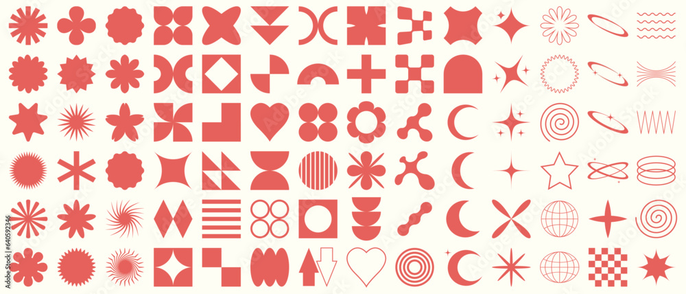 Big vector set of brutalist geometric shapes. Trendy abstract minimalist figures, stars, flowes, circles. Modern abstract graphic design elements.Vector illustration Big vector set of brutalist geometric shapes. Trendy abstract minimalist figures, stars, flowes, circles. Modern abstract graphic design elements.Vector illustration