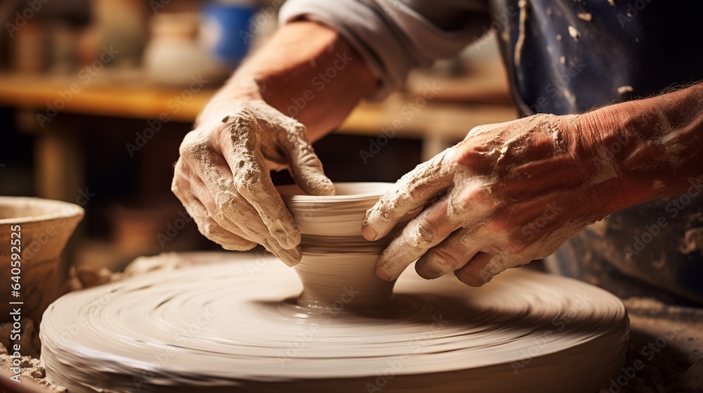 Generative AI, hands with clay making of a ceramic pot in the pottery studio, hobby and leisure concept Generative AI, hands with clay making of a ceramic pot in the pottery studio, hobby and leisure concept