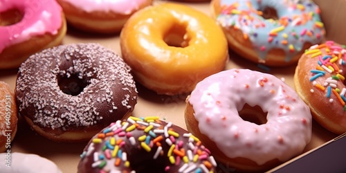 Assorted glazed donuts. Colorful donuts with icing as background with copy space.