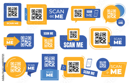 Advertising symbols with QR code, barcode. Quick transition to the site or the required information using a smartphone. Vector illustration