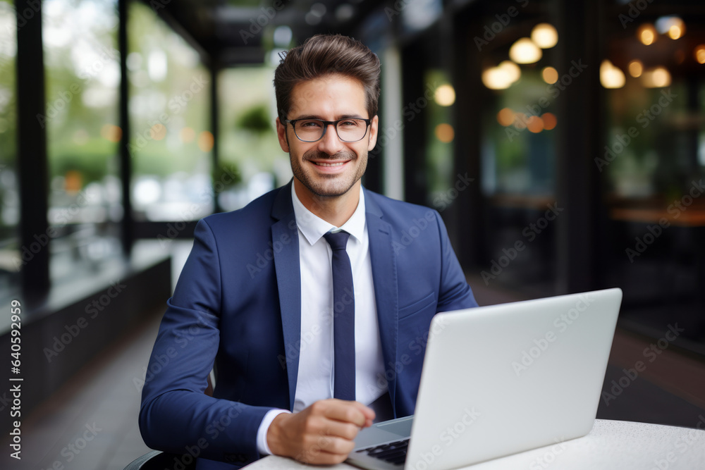 Businessman smiling at the camera while holding a laptop Businessman smiling at the camera while holding a laptop