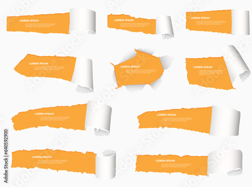 Torn paper. Ripped holes in paper with space for text. Scraps with torn sides. Vector illustration