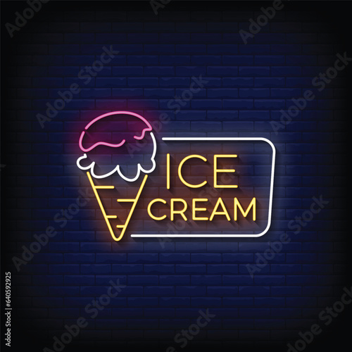 Neon Sign ice cream with brick wall background vector