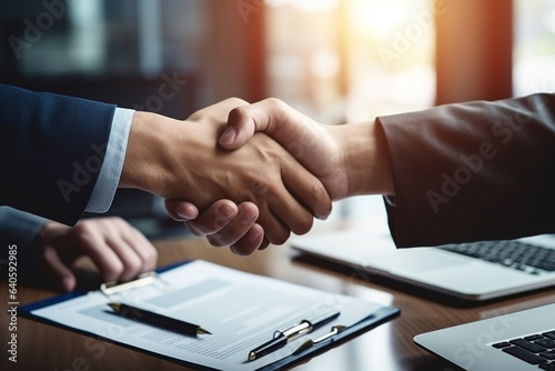 Happy business men executive partners making agreement with handshake at team meeting. Company investor shaking hand of customer, client making successful trade merger international deal in office