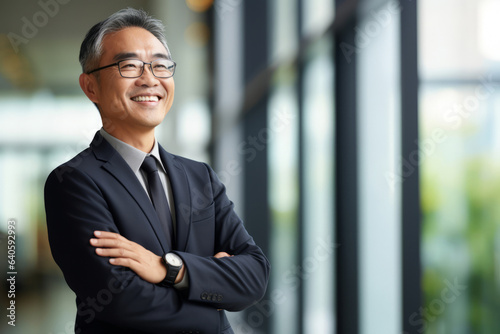 Happy proud prosperous mid aged mature professional Asian business man ceo executive wearing suit standing in office arms crossed looking away thinking of success, leadership, side profile view.