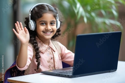 Smiling indian school girl learning online class on laptop communicating with teacher by video conference call using sign language showing hand gesture during virtual lesson photo