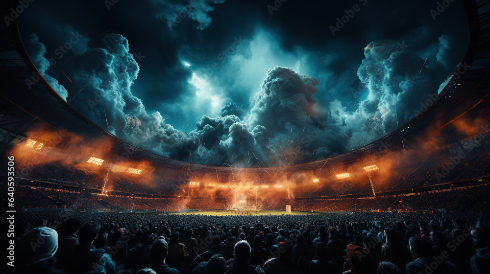 Football scene at night match with with cheering fans at the stadium - obrazy, fototapety, plakaty 