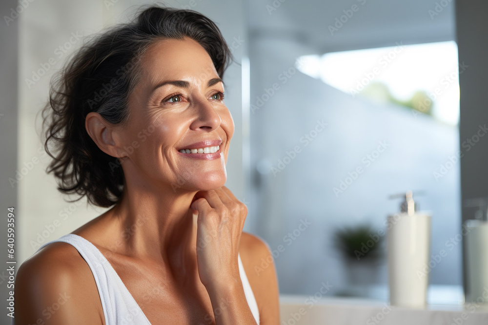 Headshot of gorgeous mid age adult 50 years old Latin woman standing in bathroom after shower touching face, looking at reflection in mirror doing morning beauty routine. Older skin care concept. - obrazy, fototapety, plakaty 