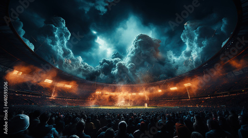 Football scene at night match with with cheering fans at the stadium