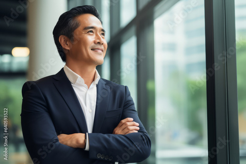 Happy proud prosperous mid aged mature professional Asian business man ceo executive wearing suit standing in office arms crossed looking away thinking of success, leadership, side profile view.