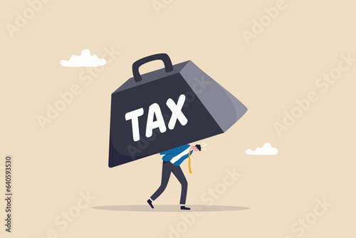 Heavy tax burden to pay off, weight or debt problem, bankruptcy or financial problem, government obligation concept, businessman carry heavy weight with the word TAX.