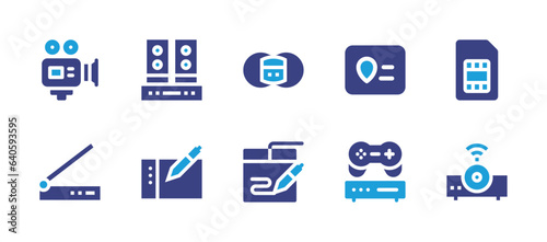 Device icon set. Duotone color. Vector illustration. Containing pain management device, gps device, device, projector device, speakers, graphic tablet, video recorder, scanner. © Huticon