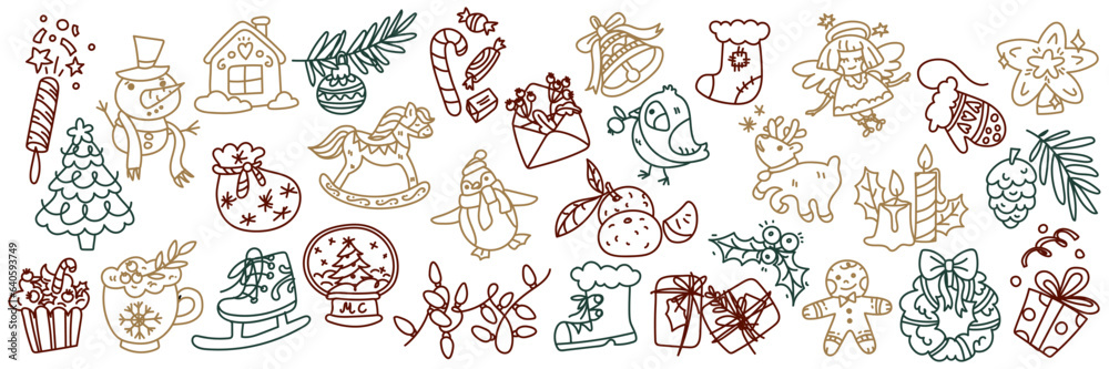 A set of colored doodles for the New Year. Vector illustrations drawn by hand. Contour drawings of Christmas accessories, food, and comfort items. Doodle elements on a white background for design
