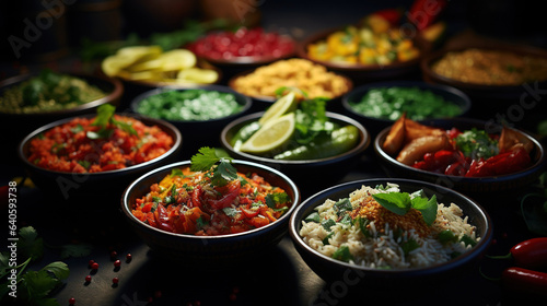 with colorful dishes of indian food, in the style of aerial view, textural prints, language-based sharp focus professional studio light highly detailed soft shadows grading