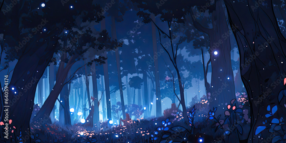 Obraz premium Anime forest at nighttime dark woodland background magical fantasy backdrop ,Generated AI