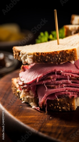 Large pastrami sandwich piled high with meat.