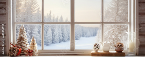 beautiful Christmas card with Christmas tree decorations on the windowsill of a vintage window with a view of the winter and the forest in the morning, legal AI © PETR BABKIN