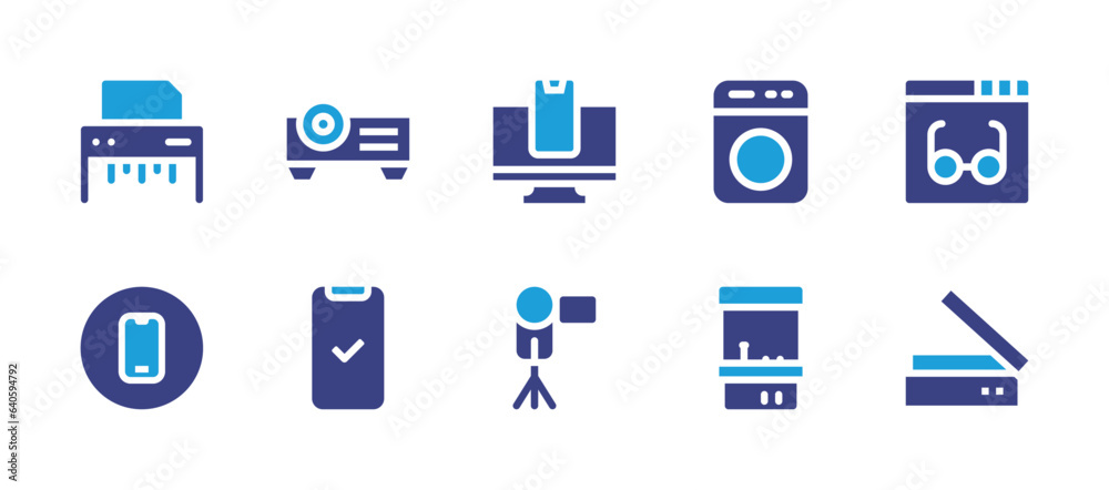 Device icon set. Duotone color. Vector illustration. Containing devices, camcorder, projector, done, paper shredder, smartphone, wahing machine, arcade game, reading, scanner.