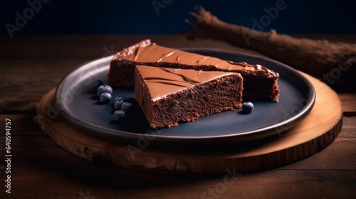 Swedish chocolate dessert named kladdkaka on oak rustic backdrop.