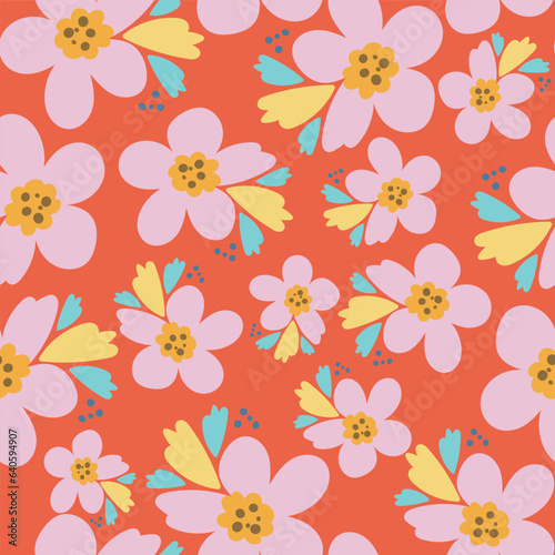 Red with pink flower elements with yellow and green leaves seamless pattern background design.
