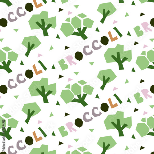 Seamless pattern of geometric broccoli  hand-drawn  with an inscription. Vector illustration of vegetables whole and in section. For wrapping paper  street festival  farmer s market  country fair