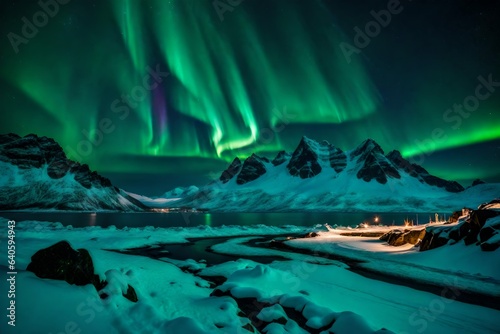 green lights over the snow mountains