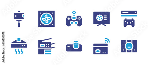 Device icon set. Duotone color. Vector illustration. Containing bridge, game console, sports, console, extractor, copy machine, gamepad, projector, selfie stick, fan.