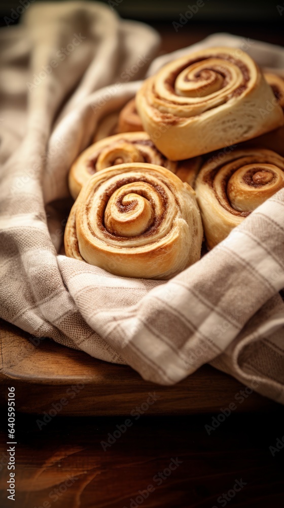 Freshly baked cinnamon buns close up. Tasty sour topping with light reflection.