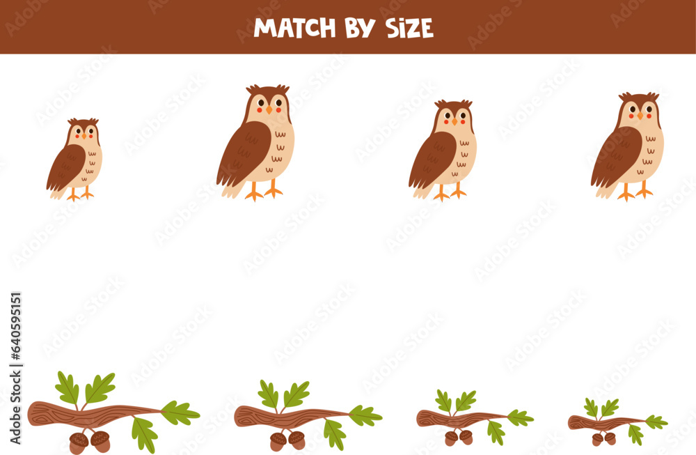 Match cute owls and tree branches by size. Educational logical game for kids.