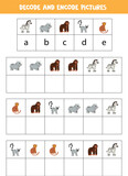 Decode and encode pictures. Logical game with cute African animals.