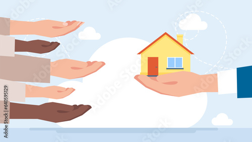 Provision of housing for poor people. State housing. Businessman holds in hand of house. Eviction and mortgage debt, foreclosure or difficulty to payback bank mortgage loan. Vector illustration