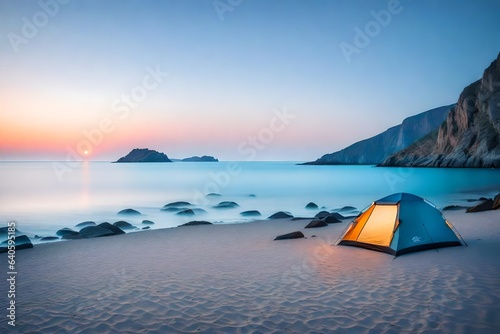 camping on seaside at sunset
