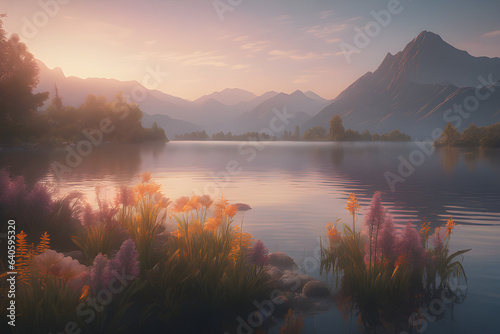 sunrise over lake, Tranquil lake with a sunset, misty mountains in the distance, and vibrant flora in the foreground