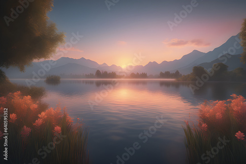 sunrise on the lake, Sunset over a serene lake, misty mountains afar, and vibrant flora in the foreground