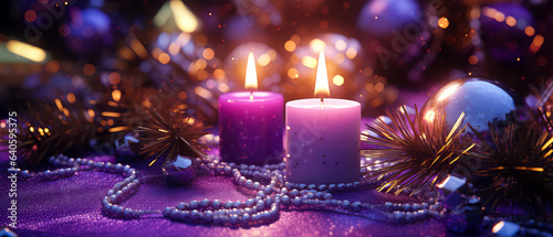 Purple Christmas composition with candles  decoration  lights  bokeh. Merry Christmas and New Year background. Holidays purple template. Generative ai