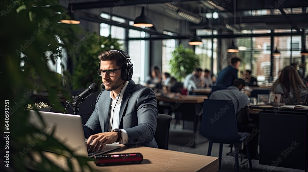A behind-the-scenes shot of a business podcast in progress, with engaging hosts and a stylish studio setup A behind-the-scenes shot of a business podcast in progress, with engaging hosts and a stylish studio setup