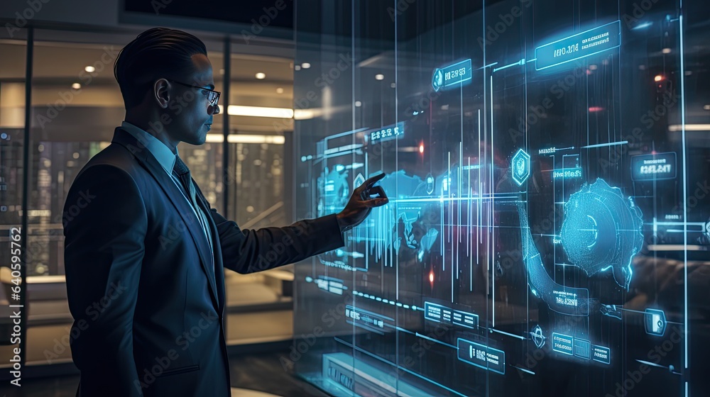 A business professional, in sharp attire, pointing at a holographic chart projected from a futuristic device, capturing innovation in the business domain