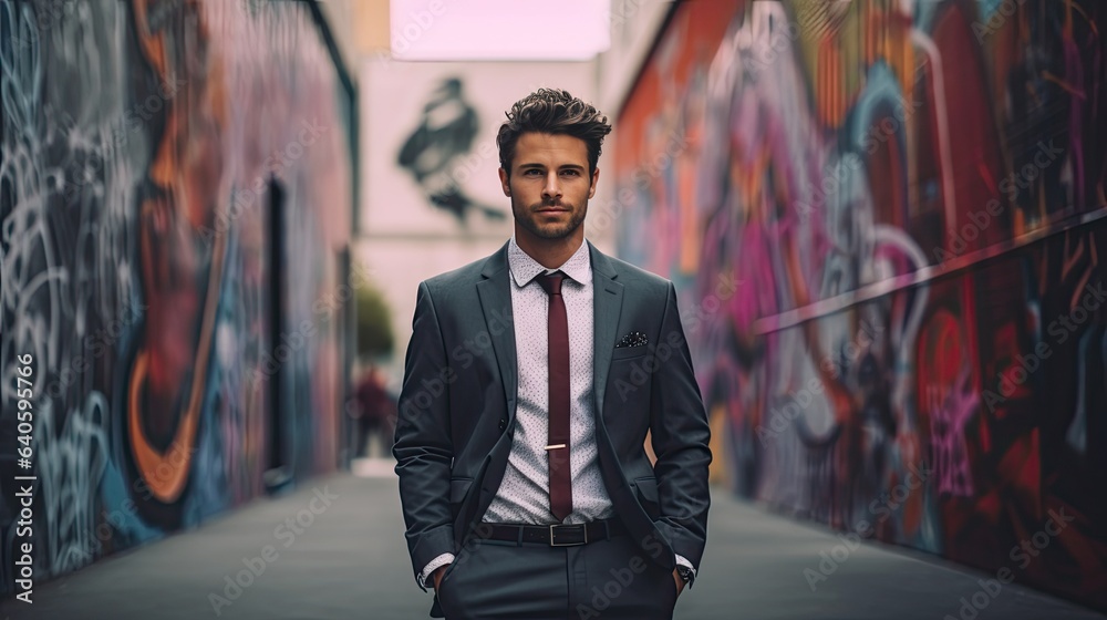 A business professional standing against a graffiti wall, holding a skateboard, showcasing the blend of corporate and urban culture A business professional standing against a graffiti wall, holding a skateboard, showcasing the blend of corporate and urban culture