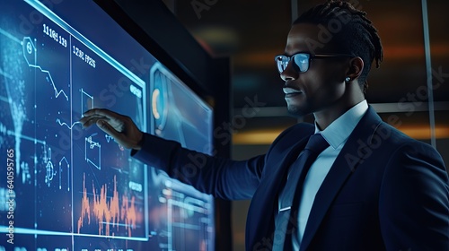 A business professional, in sharp attire, pointing at a holographic chart projected from a futuristic device, capturing innovation in the business domain