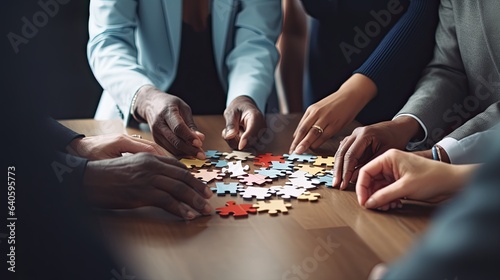 A close-up of hands joining together a jigsaw puzzle, capturing the essence of teamwork and collaboration in business settings