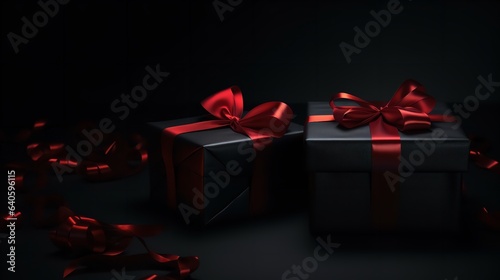 Gift boxes in black with ribbons. Giftbox in realistic 3D, isolated on a black background. Generative Ai.
