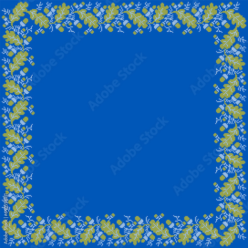 Vector illustration of Ukrainian ornament in ethnic floral style with oak leaves and acorns, identity, vyshyvanka, embroidery for print clothes, websites, banners. background. Floral design, border © Fastvad