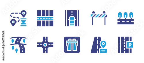 Road icon set. Duotone color. Vector illustration. Containing route, road, road block, location pin, parking, crossroad, car, motorway.