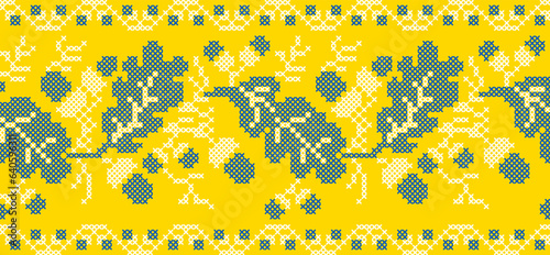 Vector illustration of Ukrainian ornament in ethnic floral style with oak leaves and acorns, identity, vyshyvanka, embroidery for print clothes, websites, banners. background. Floral design, border