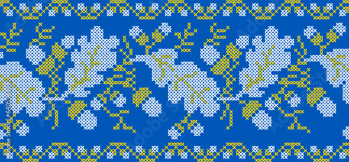 Vector illustration of Ukrainian ornament in ethnic floral style with oak leaves and acorns, identity, vyshyvanka, embroidery for print clothes, websites, banners. background. Floral design, border