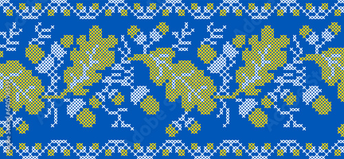 Vector illustration of Ukrainian ornament in ethnic floral style with oak leaves and acorns, identity, vyshyvanka, embroidery for print clothes, websites, banners. background. Floral design, border