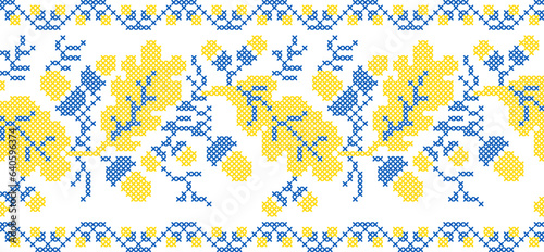Vector illustration of Ukrainian ornament in ethnic floral style with oak leaves and acorns, identity, vyshyvanka, embroidery for print clothes, websites, banners. background. Floral design, border