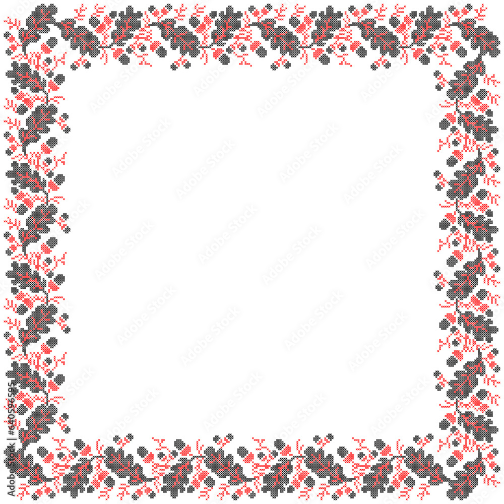 Vector illustration of Ukrainian ornament in ethnic floral style with oak leaves and acorns, identity, vyshyvanka, embroidery for print clothes, websites, banners. background. Floral design, border Vector illustration of Ukrainian ornament in ethnic floral style with oak leaves and acorns, identity, vyshyvanka, embroidery for print clothes, websites, banners. background. Floral design, border