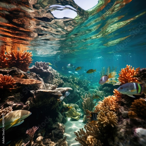 Marine biodiversity in lively coral reef with diverse underwater wildlife.
